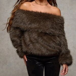 Off-Shoulder Faux Fur Sweater - Brown